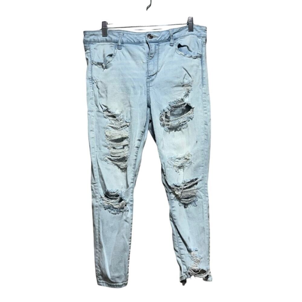 American Eagle Outfitters Heavy Distressed Ripped Light Wash Jeans 14 X-Short